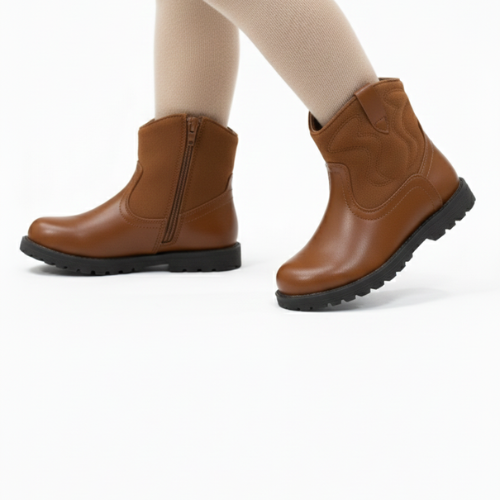 Bottines marron enfant Maroc portées, semelle robuste et design western confortable