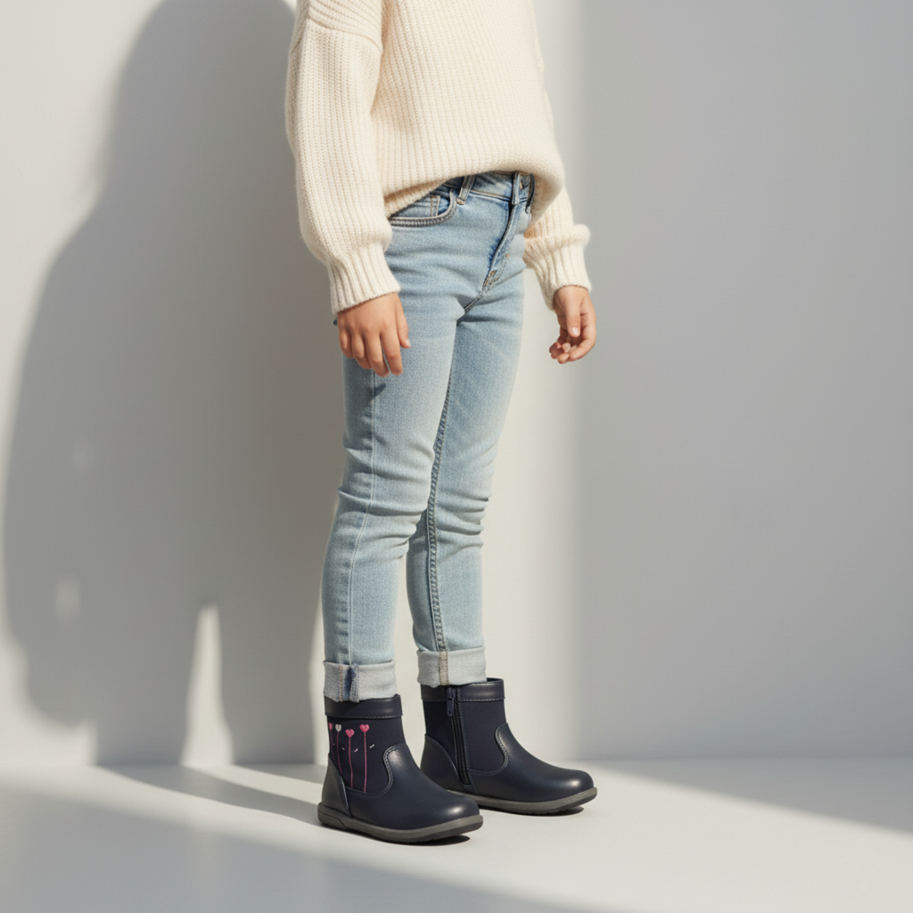 Petite fille portant des bottines bleu marine brodées, marchant dans un parc ensoleillé.