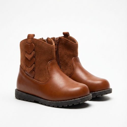 Gros plan bottines enfant marron en cuir lisse et suédine, détails des coutures et finitions