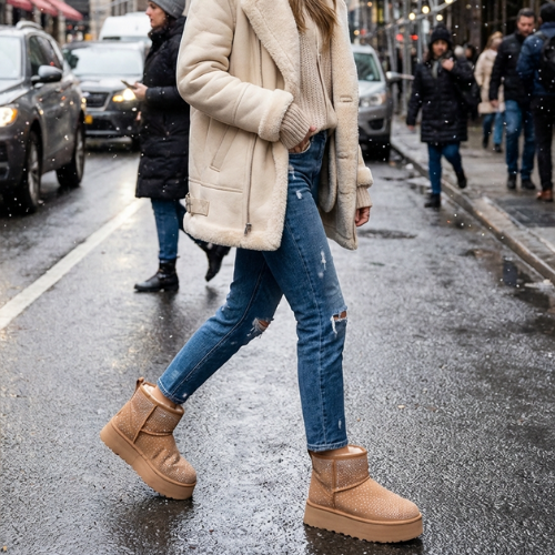 ottine unique à bout arrondi et semelle épaisse crantée, surface texturée parsemée de strass, éclairage doux et net