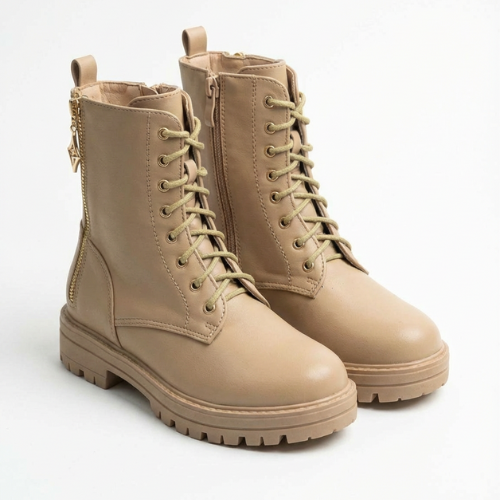 Bottines femme beige au Maroc avec lacets et fermeture zip – vue de côté