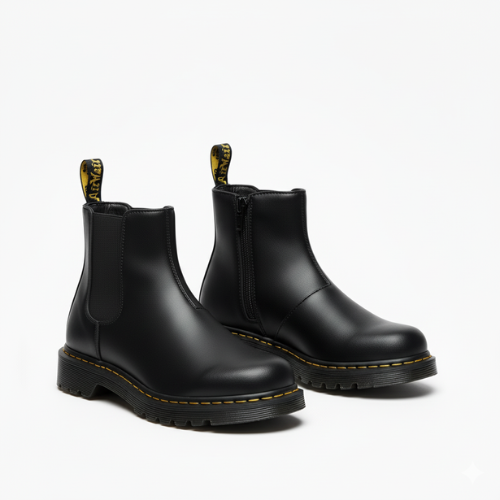 Bottines Chelsea noires pour femme, importées d’Espagne, vue 3/4 avec couture jaune et semelle épaisse.