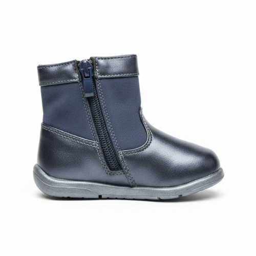 Bottines bleu marine pour enfant avec fermeture éclair, semelle souple et design confortable.