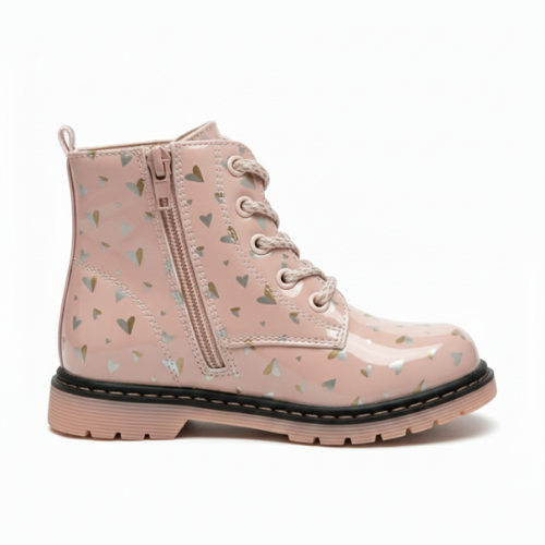 Bottines enfant roses avec fermeture éclair et motifs cœurs – chaussures confortables pour fille.