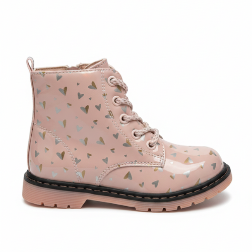 Bottines rose fille avec imprimé de petits cœurs et semelle antidérapante – modèle lacets et zip.