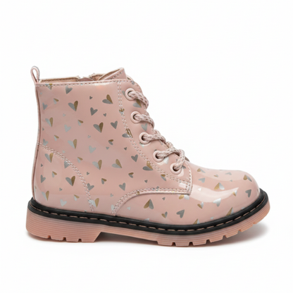 Bottines rose fille avec imprimé de petits cœurs et semelle antidérapante – modèle lacets et zip.