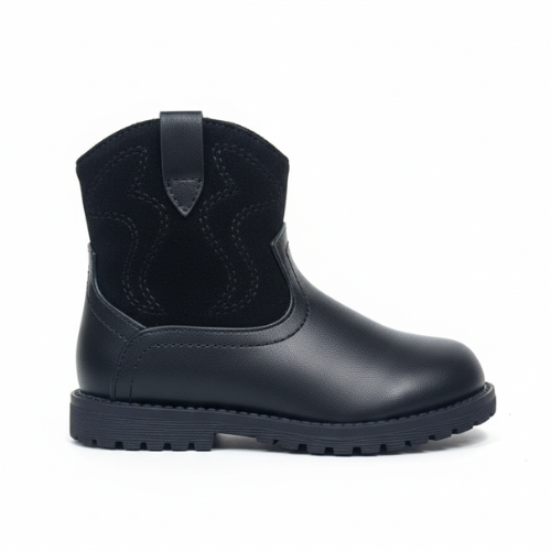 Bottine noire fille style western, détails couture décorative, talon stable, importée d’Espagne.