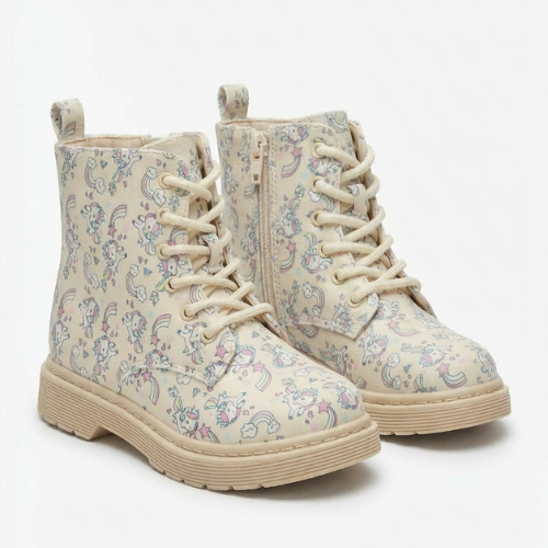 Bottes enfants beige avec motifs licornes multicolores, semelle épaisse antidérapante et fermeture latérale, style mignon et confortable pour filles.