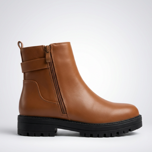 Chaussures fille marron en similicuir, bottines tendance avec boucle décorative