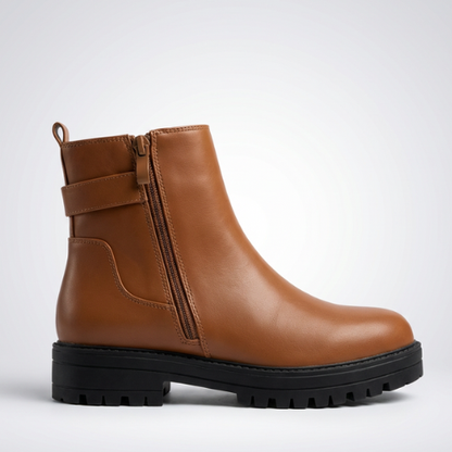 Chaussures fille marron en similicuir, bottines tendance avec boucle décorative