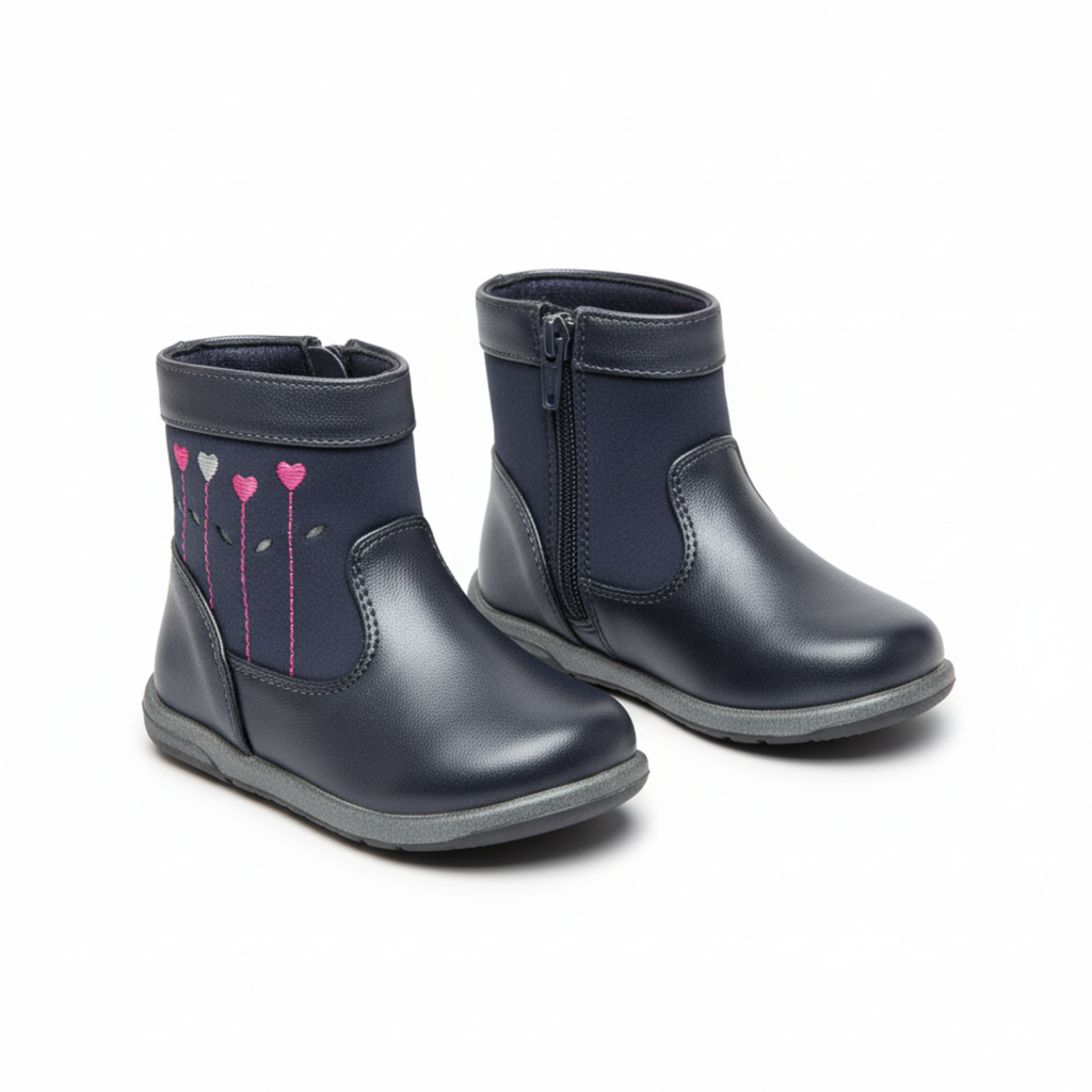 Bottines enfant bleu marine avec broderie cœur et fermeture éclair, vues en duo.